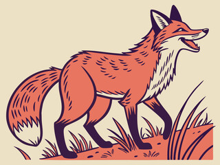 Animated red fox character stands alert in grassy meadow. A cheerful, cartoon-style red fox character stands alert on a grassy knoll, looking to the side.