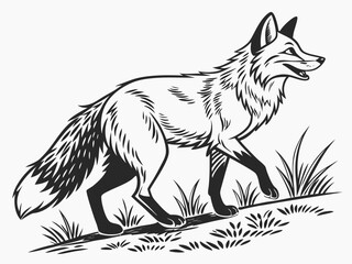 Animated red fox character stands alert in grassy meadow. A cheerful, cartoon-style red fox character stands alert on a grassy knoll, looking to the side.