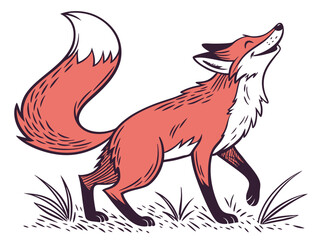 Animated red fox character stands alert in grassy meadow. A cheerful, cartoon-style red fox character stands alert on a grassy knoll, looking to the side.