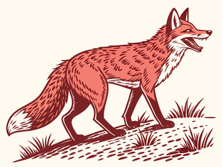 Animated red fox character stands alert in grassy meadow. A cheerful, cartoon-style red fox character stands alert on a grassy knoll, looking to the side.