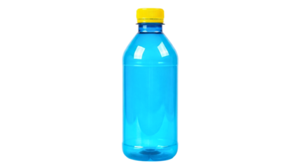 Blue plastic water bottle with yellow cap isolated on transparent background