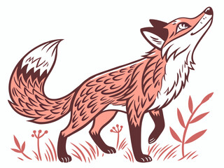 Animated red fox character stands alert in grassy meadow. A cheerful, cartoon-style red fox character stands alert on a grassy knoll, looking to the side.