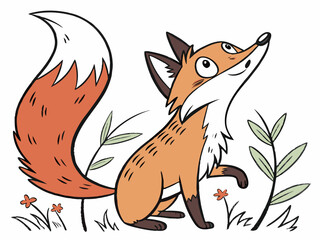 Animated red fox character stands alert in grassy meadow. A cheerful, cartoon-style red fox character stands alert on a grassy knoll, looking to the side.