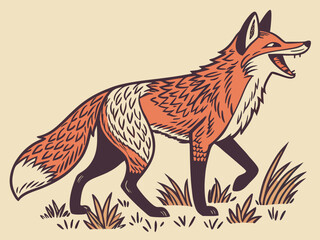 Animated red fox character stands alert in grassy meadow. A cheerful, cartoon-style red fox character stands alert on a grassy knoll, looking to the side.