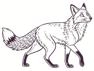 Animated red fox character stands alert in grassy meadow. A cheerful, cartoon-style red fox character stands alert on a grassy knoll, looking to the side.