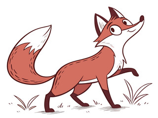 Animated red fox character stands alert in grassy meadow. A cheerful, cartoon-style red fox character stands alert on a grassy knoll, looking to the side.