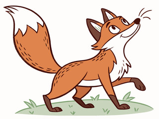 Animated red fox character stands alert in grassy meadow. A cheerful, cartoon-style red fox character stands alert on a grassy knoll, looking to the side.