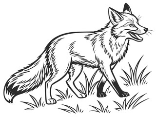 Animated red fox character stands alert in grassy meadow. A cheerful, cartoon-style red fox character stands alert on a grassy knoll, looking to the side.