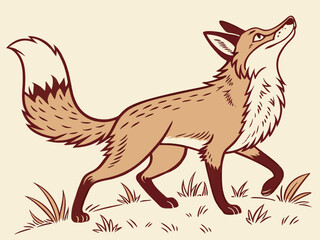Animated red fox character stands alert in grassy meadow. A cheerful, cartoon-style red fox character stands alert on a grassy knoll, looking to the side.