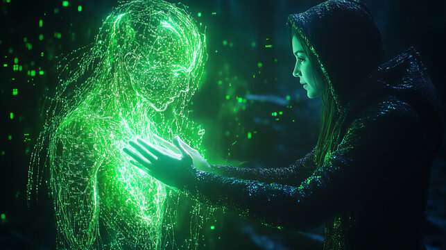 Eine Frau im Hoody ber&uuml;hrt eine digitale, humanoide Figur, die aus gr&uuml;nem Licht besteht, Verschmelzung von Mensch und K&uuml;nstlicher Intelligenz, Querformat