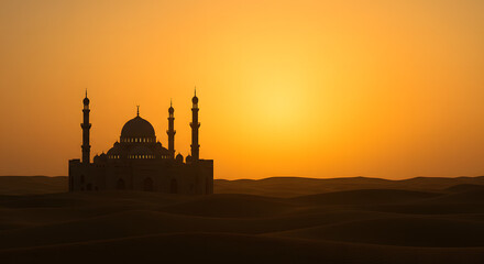 Isolated mosque in golden desert at dusk