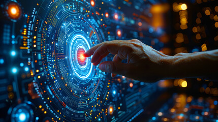 Close up businessman hand touching a glow red and blue light in circular interface virtual target data board for futuristic business in digital technology