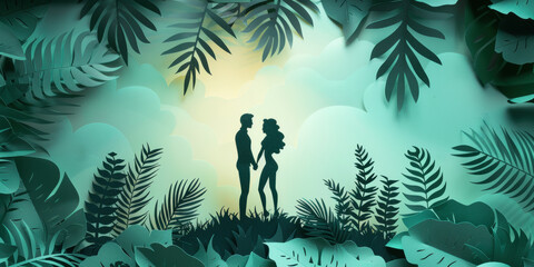 Beautiful papercut of couple love in green tropical forest and fluffy cloud sky together. Valentine day concept