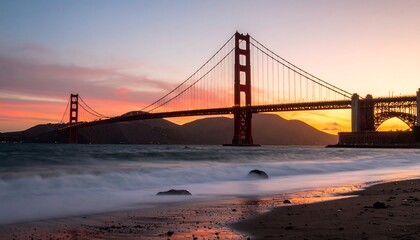 Golden Gate Bridge at sunset over the ocean.