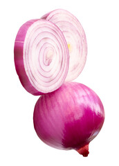 Single fresh unpeeled red or purple Spanish onion bulb with two onion slices in circles in stack...
