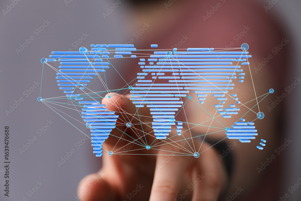 Poster hand interacting with a digital world map showcasing global connectivity and networking.