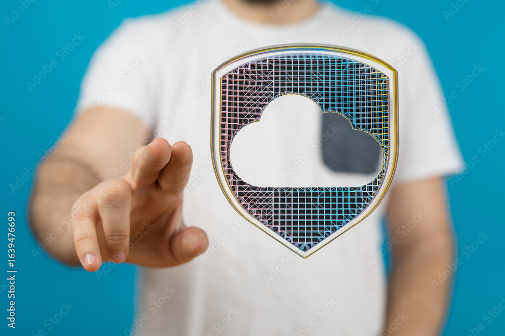 Aufkleber safeguard your cloud data with robust security. digital shield icon.
