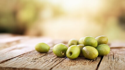 Fresh green olives on rustic wooden surface showcasing healthy organic natural gourmet and vegetarian culinary ingredients for nutritious food choices