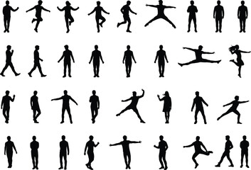 Silhouettes of diverse people in various poses, walking, dancing, jumping, standing, human figures, black and white, isolated on white background, movement, activity, expression