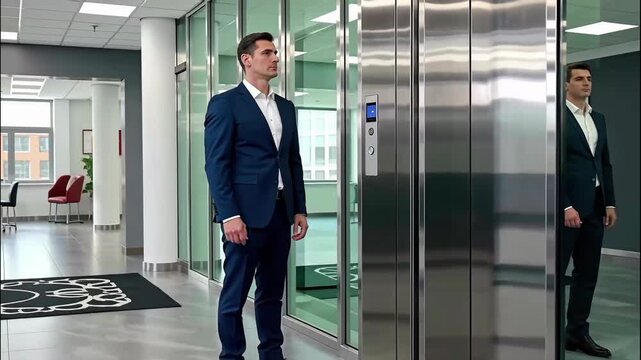 A businessman dressed in a suit stands by an elevator in a contemporary office lobby. He appears contemplative as he waits for the elevator doors to open, an important moment in his day.