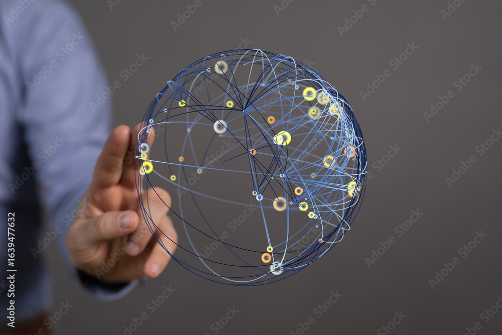 Poster hand interacting with a digital globe, illustrating global network connections and data visualizatio