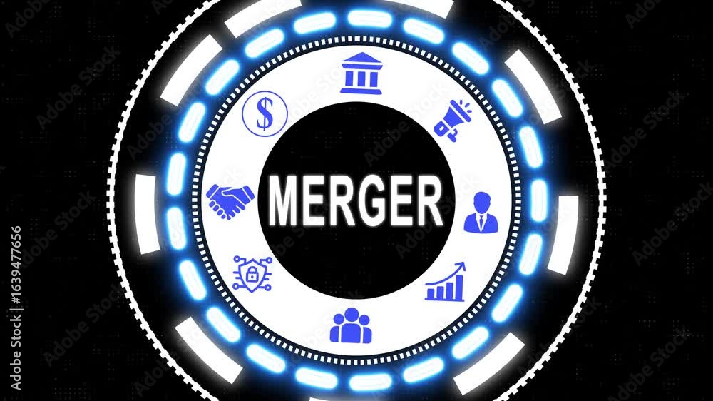 Poster animated presentation featuring merger concept with icons and circular design on black background