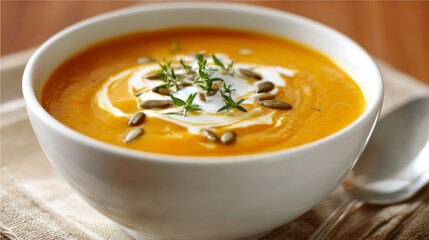 Creamy vegetarian pumpkin soup with fresh herbs and seeds in a cozy setting perfect for autumn meals