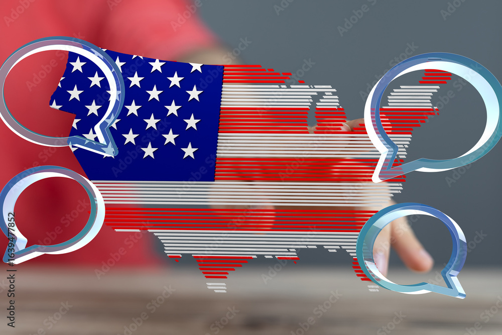 Poster digital illustration of a us map with speech bubbles, representing communication and dialogue.
