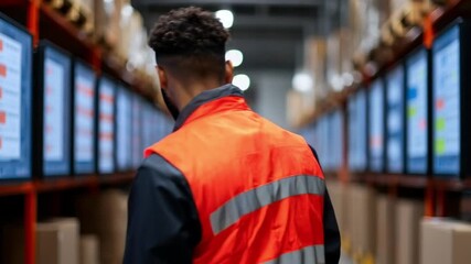 Warehouse Worker Analyzing Data on Computer Monitors in Distribution Center