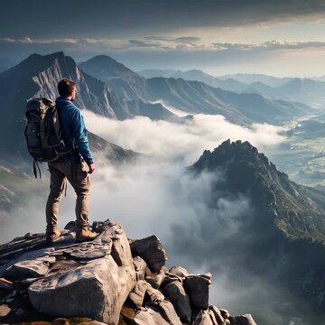 Lone Hiker on Rugged Rocky Summit Overlooking Endless Misty Valley for Adventure Tourism Advertising, Outdoor Lifestyle Branding, and Motivational Nature Campaign Concepts