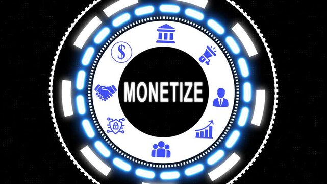 Animated circle with monetize text and business icons representing financial growth and success