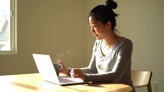 Smiling Asian woman working remotely on a laptop, enjoying a hot coffee during a sunny morning at home.