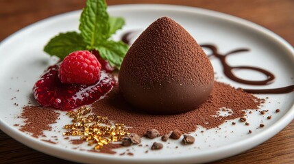 Gourmet chocolate quenelle formed dessert with raspberry coulis and edible gold flakes on white ceramic plate at premium fine dining restaurant