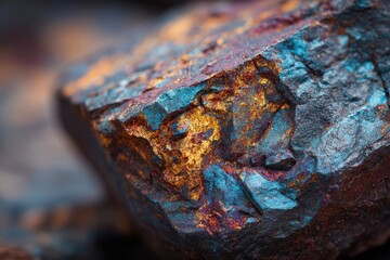Fototapeta premium Manganese mineral detail featuring intricate textures and vibrant hues for educational, industrial, and scientific exploration in geology and chemistry contexts