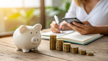 Decreasing savings white piggy bank and coins home office financial management casual environment close-up view budgeting concept
