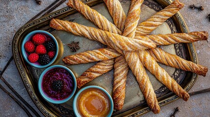 Churro plate presentation with star-arranged golden pastries surrounding three ceramic ramekins filled with berry and caramel dipping sauces