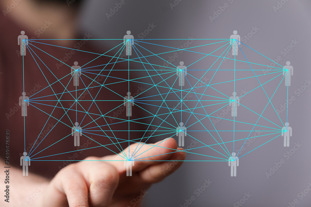 Poster visual representation of a global network, showing interconnected people and digital relationships.