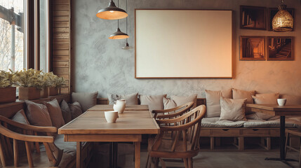 Innenraum eines Caf&eacute;s im minimalistischen Stil, gem&uuml;tlich eingerichtet mit nat&uuml;rlichen Farben und ged&auml;mpfter Beleuchtung, Querformat