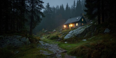 A remote cottage glowing softly in a dark mountain forest