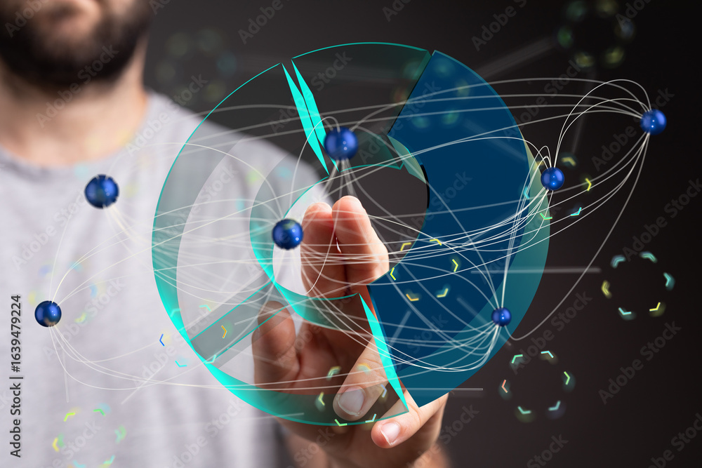 Poster person interacting with a 3d network graph visualization. data analysis, connection, technology.
