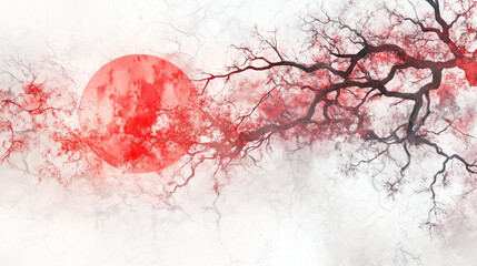 Abstrakte Illustration eines kahlen Baumes vor einem blutroten Mond, Kirschbl&uuml;ten fliegen in der Luft, asiatischer Stil, Aquarellzeichnung, Tusche vor hell marmoriertem Hintergrund