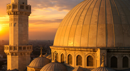 Golden sunset over mosque domes and minarets