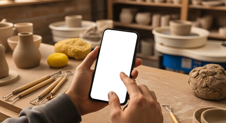 Hands using smartphone in pottery workshop blank screen mockup modern technology artisan craft clay ceramics art design studio website app mobile phone