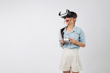 Game entertainment begins as Excited young woman explores a new VR game world, fully engaged in virtual reality with console. isolated studio white background