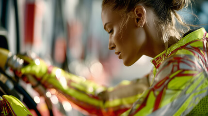 Female motorcyclist in vibrant gear focused on adjusting handlebars in a dynamic racing environment
