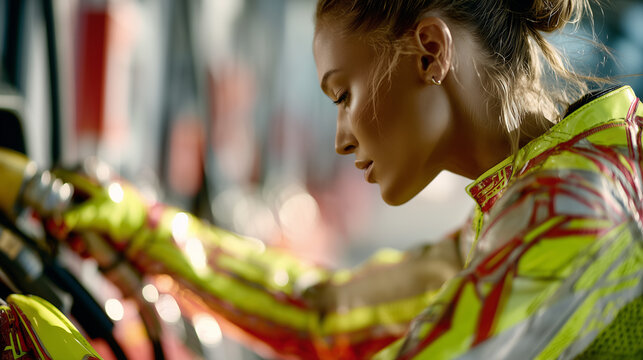 Female motorcyclist in vibrant gear focused on adjusting handlebars in a dynamic racing environment