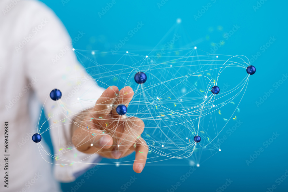Poster abstract image of a hand interacting with a complex network of digital nodes, representing global co