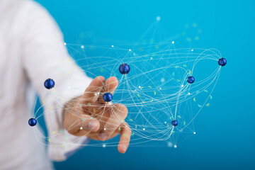 Abstract image of a hand interacting with a complex network of digital nodes, representing global...