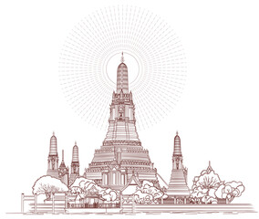 Line art illustration of Wat Arun temple with radiant sunburst detail in Bangkok, Thailand