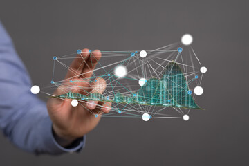 Abstract image depicting a futuristic city interconnected by data streams. Ideal for tech, network,...